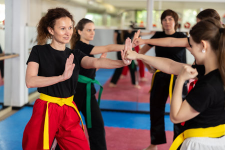 Women practice karate techniques in pairsの写真素材