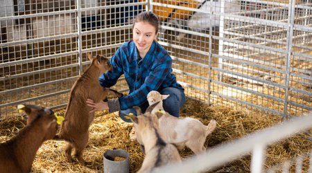 Female farmer feeding and playing with goatlings