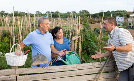 Smiling elderly couple talking to male neighbor near wooden fence in gardenの写真素材