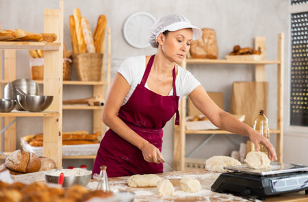 Middle-aged female baker cutting and weighing dough on scales in bakehouseの写真素材