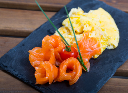 Omelet with smoked salmonの写真素材