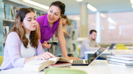 Two woman students, preparing a report on a laptopの写真素材