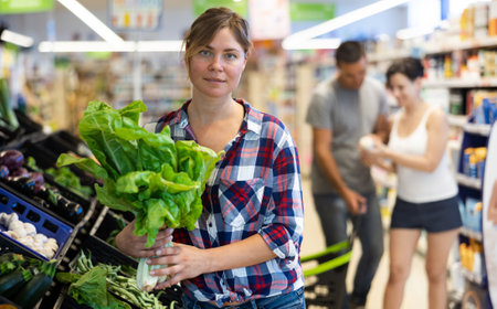 Portrait of woman with lettuce in grocery storeの写真素材