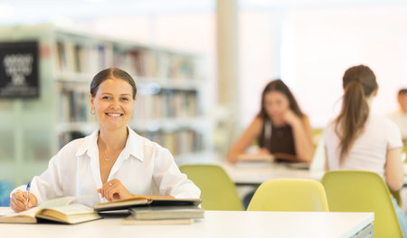 Female student reading book and taking notes in library