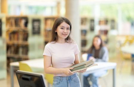 Portrait of positive student girl with books in her hands in university libraryの写真素材