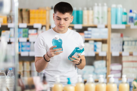Guy chooses mouthwash at the pharmacyの写真素材