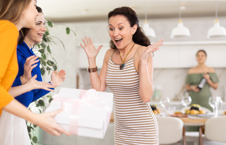 Happy women greeting each other before starting house partyの写真素材