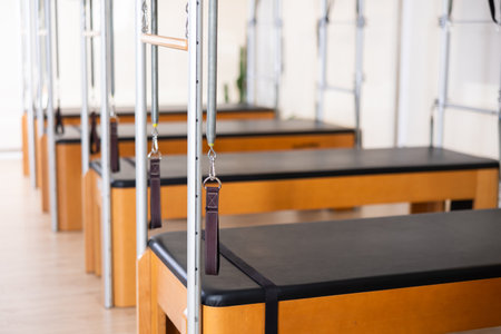 Closeup view of Pilates trapeze table for fitnes and rehabilitation exercisesの写真素材
