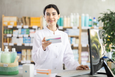 Female pharmacist searches for information about medicines on Internet