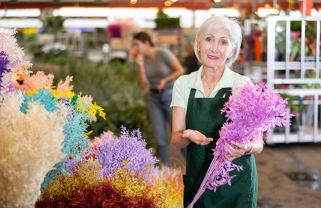 Mature saleswoman offering bunch of dried Italian ruscus at flower marketの写真素材