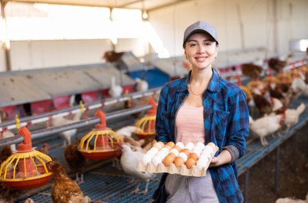 Smiling european woman in plaid shirt and cap collecting eggs in chicken farm