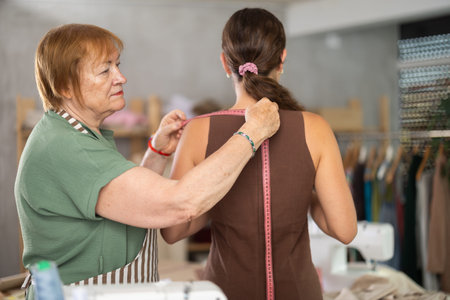 Mature woman seamstress takes measurements from a girlの写真素材