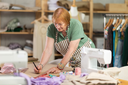 Woman dressmaker drawing pattern on paper in workshop