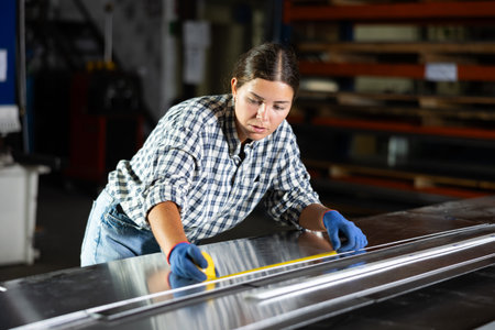 Girl worker at a metallurgical plant measures a sheet of iron using tape measure.