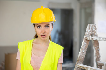 Portrait of positive builder woman in yellow vest and safety helmet next to stepladder