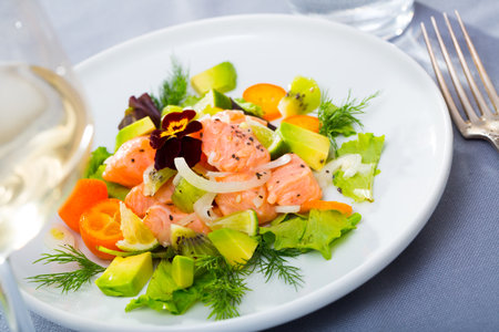 Salmon ceviche with avocado, kumquatの写真素材