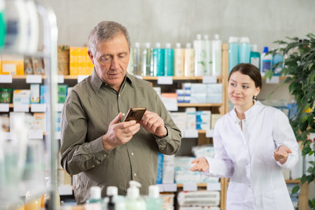 Man with phone chooses medicines with help of pharmacistの写真素材