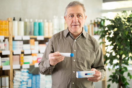 elderly man chooses an ointment at the pharmacy