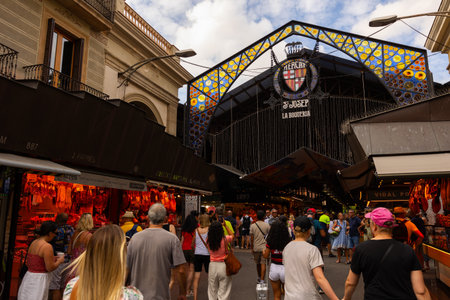 Main gate at La Boqueria market in Barcelona. Market has been known since 1217. Now - one of citys foremost tourist landmarksのeditorial素材