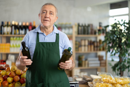 Elderly man seller offers olive oil in grocery storeの写真素材