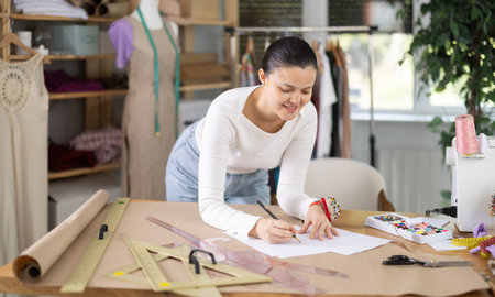 Asian woman drawing a sketch of clothes on paper
