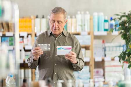 Senior man examining tablet blister and packaging at pharmacy