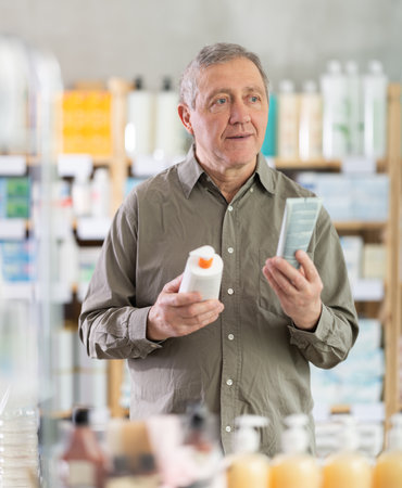 Elderly man choosing a cream at the pharmacyの写真素材