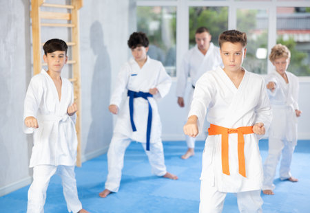 Preteen attendee of karate classes practicing kata standing in row with othersの写真素材