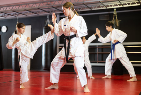 Female trainer and girl training karate in pairsの写真素材