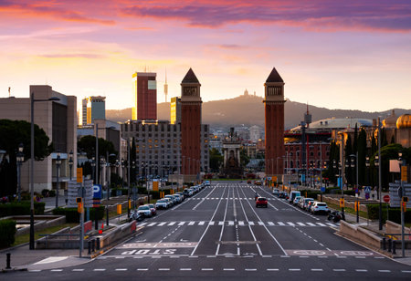 Avinguda de la Reina Maria Cristina in Barcelona at sunset, Spainの写真素材