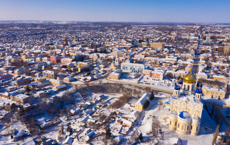 View from drone of Yelets cityscape with Ascension Cathedral in winter