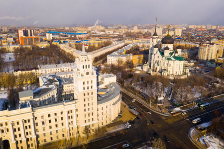 Aerial view of the Annunciation Cathedral and the tower of the Southern Railway building in city Voronezhの写真素材