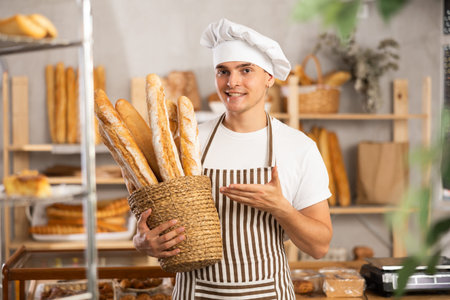 male baker sells croissants, shows off a variety of crescent-shaped buns.