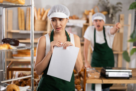 Frustrated female bakery worker holding paper amid workplace argument
