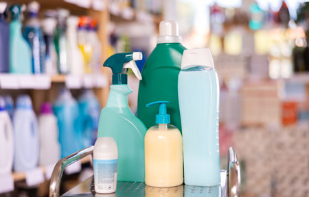 Close-up of household chemical goods on metal shelf in storeの写真素材