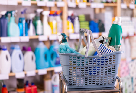 Close view of basket full of household goodsの写真素材