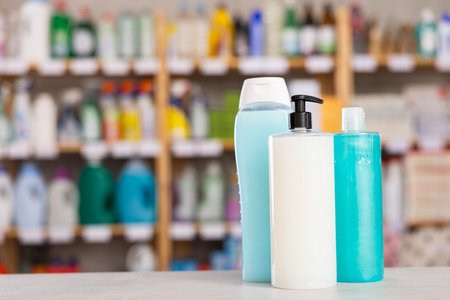 Hair and body shampoo or shower gel on household supermarket shelfの写真素材