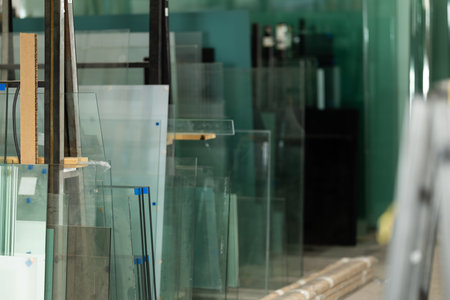 Glass sheets of various sizes are arranged in rows, utility roomの写真素材