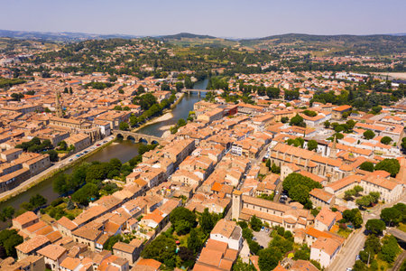 Aerial view of French commune of Limoux on Aude River in summer