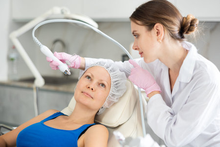Adult woman getting oxygen face therapy in beauty salon. Professional skin care treatment, atomized...