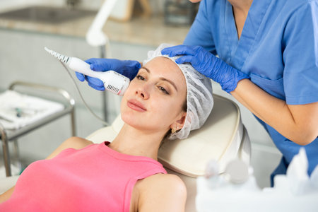 Adult woman cosmetologist doing whitening procedure to young woman