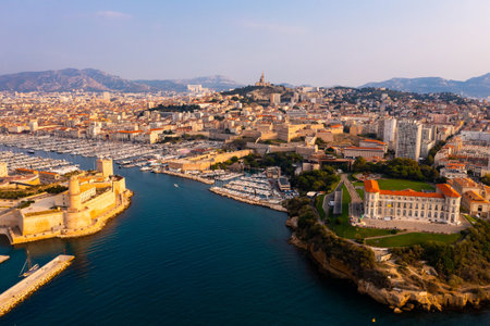 Aerial view of coastal area of Marseille with Fort Saint-Jean and Old Portの写真素材
