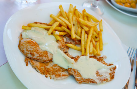 Pork tenderloins with fried potatoesの写真素材