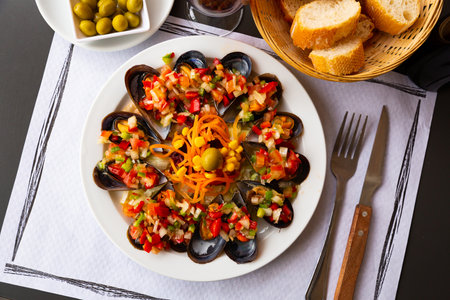 Spanish dish - vinaigrette with musselsの写真素材