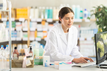 Girl pharmacist waits for visitors near cash register area with computer and greets patientsの写真素材
