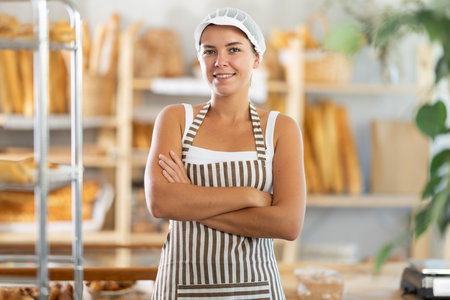 Young female seller posing in bakeryの写真素材