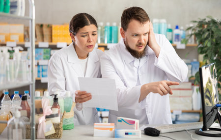 Director and pharmacist analyze documents, are confused by results of work in current half-yearの写真素材