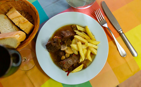 Top view of Asturian stewed beef in rustic styleの写真素材