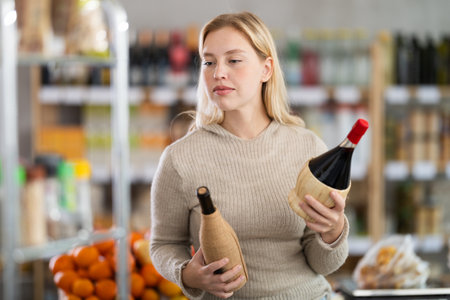 Young woman choosing wine in grocery storeの写真素材