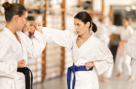 Women train to perform defensive karate installations and attacking combat techniquesの写真素材